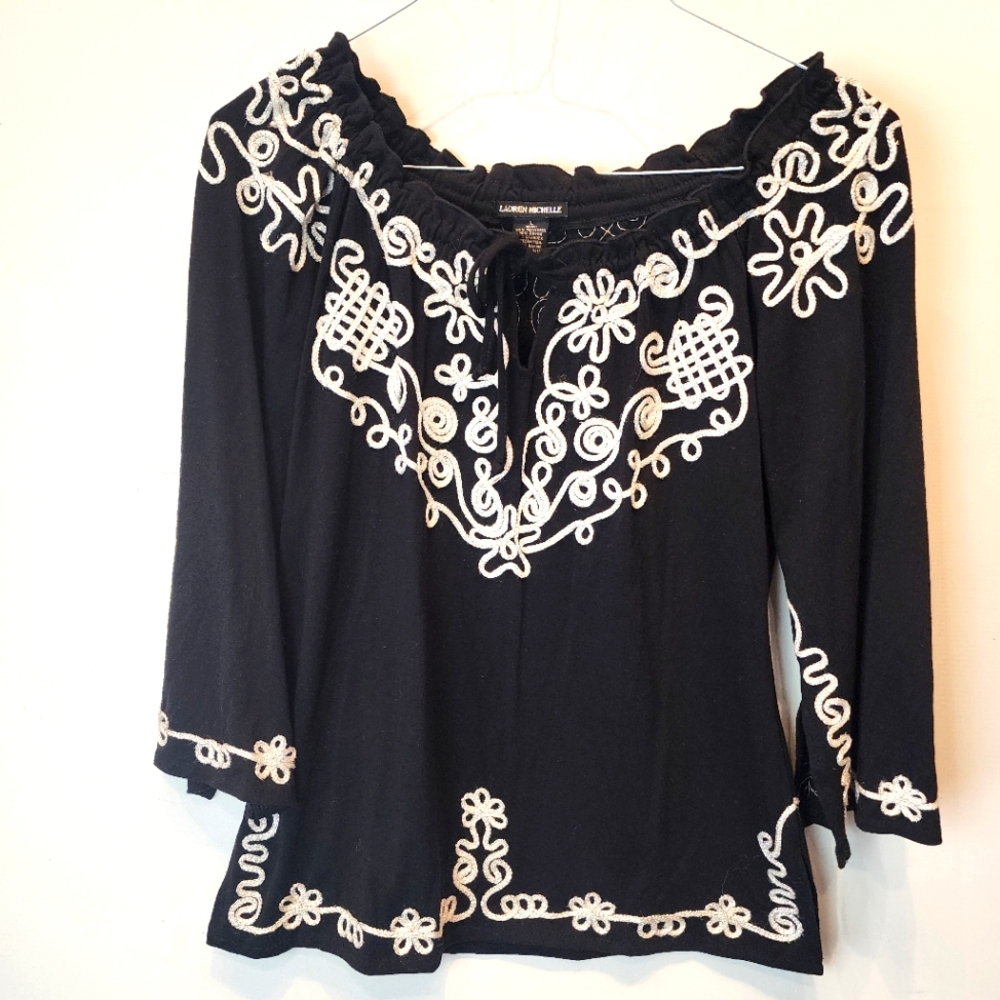 Lauren Michelle Top Large Blouse Tunic Embroidered Crew Neck Boho Classic Black - Picture 1 of 9